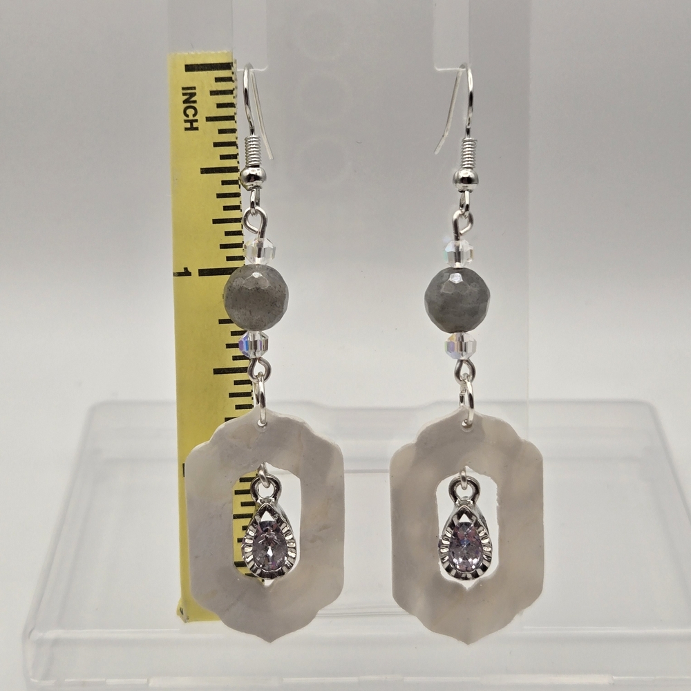 #B373- Silver and Gray Drop Earrings- Labradorite Beads - Picture 2 of 4